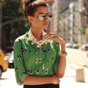 ANTHROPOLOGIE Green French Bulldog Print V Neck Pleated Preppy Button Down Top